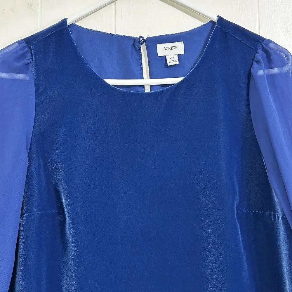 J.Crew Velvet Puff-Sleeve Top Size XXS Blue Round Necklace Pullover Blouse Top